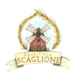 Logo Pastificio Scaglione: stemma illustrato con mulino a vento, corona di spighe di grano dorate e nastro con la scritta "Pastificio Scaglione"