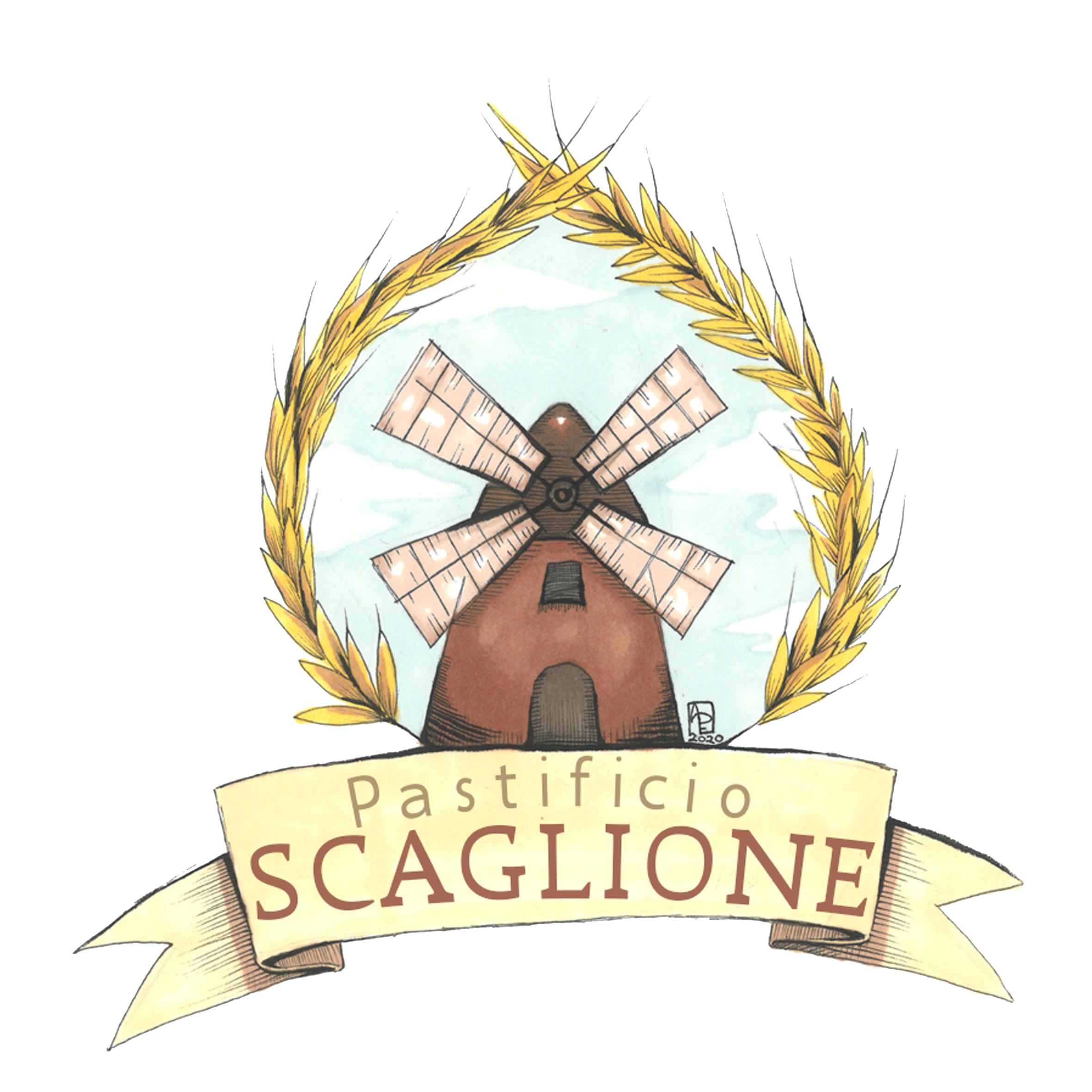 Logo Pastificio Scaglione: stemma illustrato con mulino a vento, corona di spighe di grano dorate e nastro con la scritta "Pastificio Scaglione"